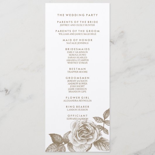 Rose Sketch Wedding Programme en Sepia (Dos)
