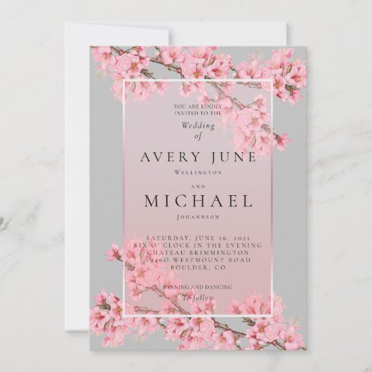 Rose sur faire-part de mariage gris cerisier (Devant)