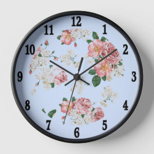 Rose sur la grande horloge florale Vintage bleue