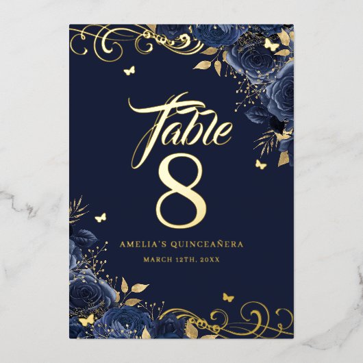 Rose Swirl Navy Quinceanera Gold Table Number Folie Uitnodiging (Voorkant)
