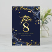 Rose Swirl Navy Quinceanera Gold Table Number Folie Uitnodiging (Staand Voorkant)