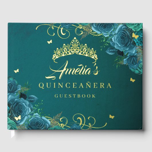 Rose turquoise Floral Swirl Quinceanera Gold (Recto)