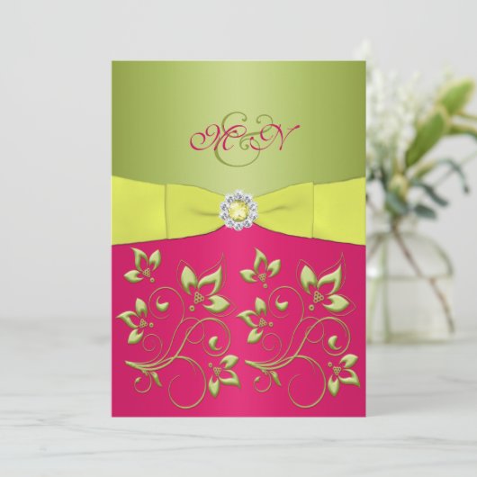 Rose, Vert, Monogramme jaune Faire-part de mariage (Debout devant)