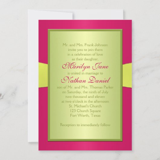 Rose, Vert, Monogramme jaune Faire-part de mariage (Dos)