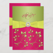 Rose, Vert, Monogramme jaune Faire-part de mariage (Devant / Derrière)