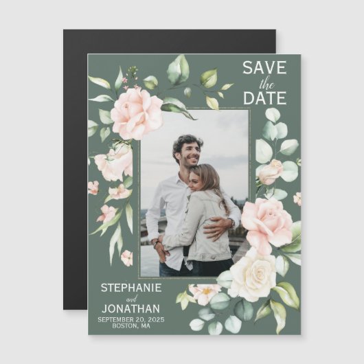 Rose vert rose photo Magnet Réservez la date (Devant / Derrière)