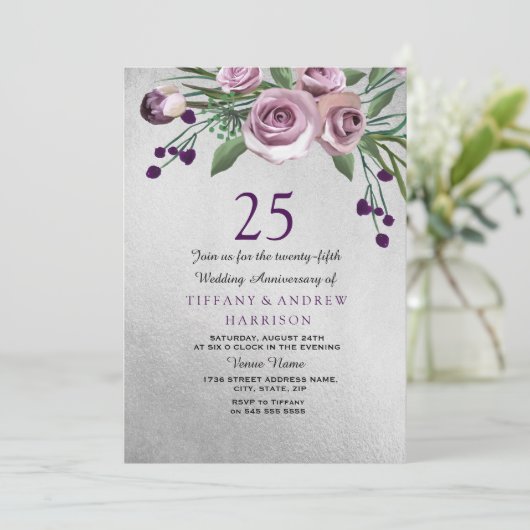 Rose violet Argent 25ème Mariage Invitation (Debout devant)