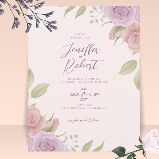 Rose violet beige cadre mariage Invitation