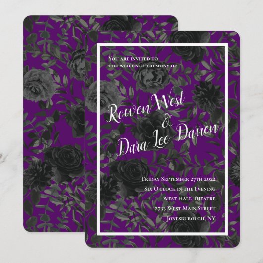 Rose violet et noir Invitations de mariage gothiqu (Devant / Derrière)