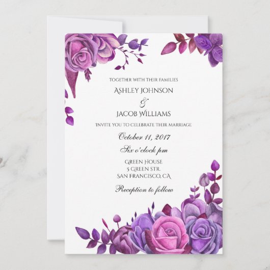 Rose violet faire-part de mariage invitation fleur (Devant)