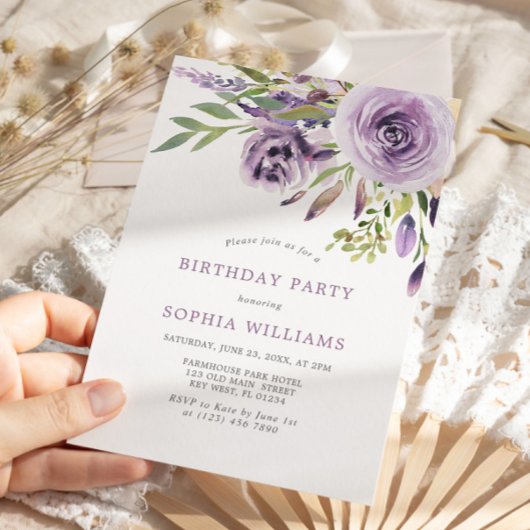 Rose violet Floral Invitation fête d'anniversaire