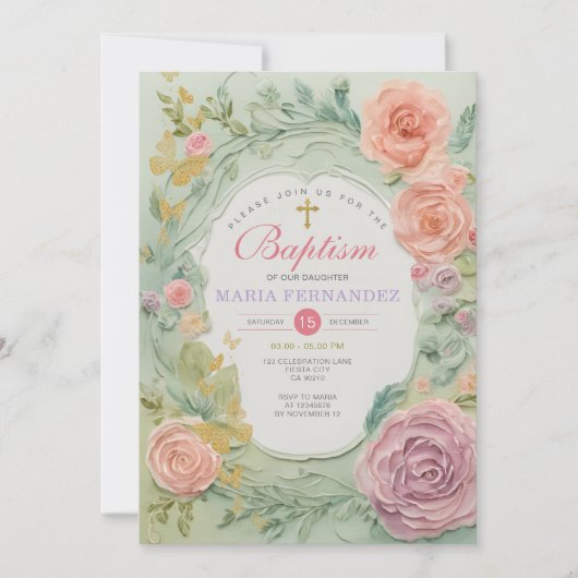 Rose violet verdure filles Baptême Invitation (Devant)