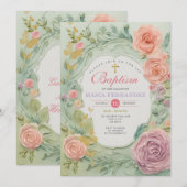 Rose violet verdure filles Baptême Invitation (Devant / Derrière)