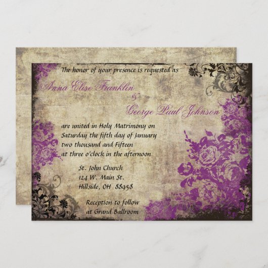 Rose violet vintage mariage invitation (Devant / Derrière)