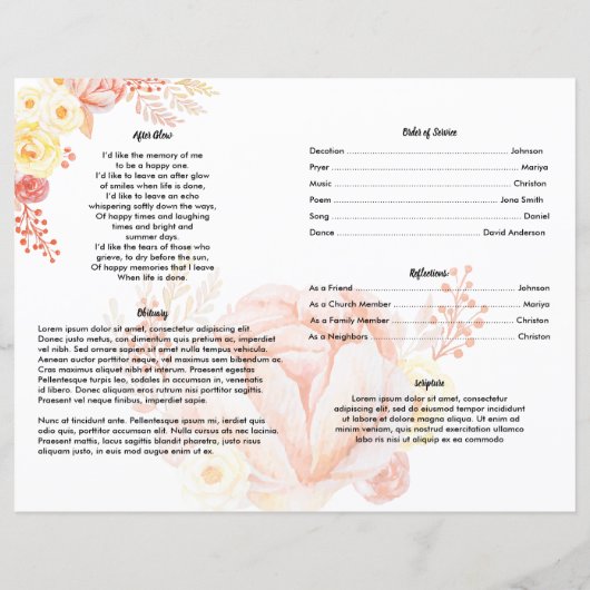 ROSE WATERCOLOR | Modèle du programme funéraire (Dos)