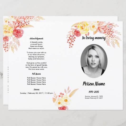 ROSE WATERCOLOR | Modèle du programme funéraire (Devant / Derrière)