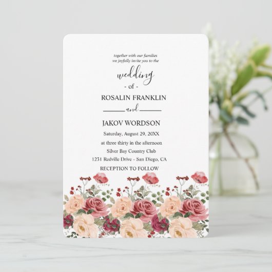 rose watercolor wedding Invitation (Debout devant)
