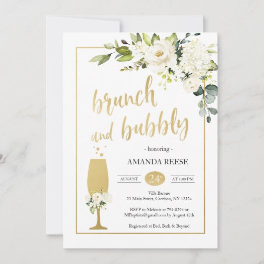 Rose White & Gold Brunch & Bubbly Invitation (Devant)