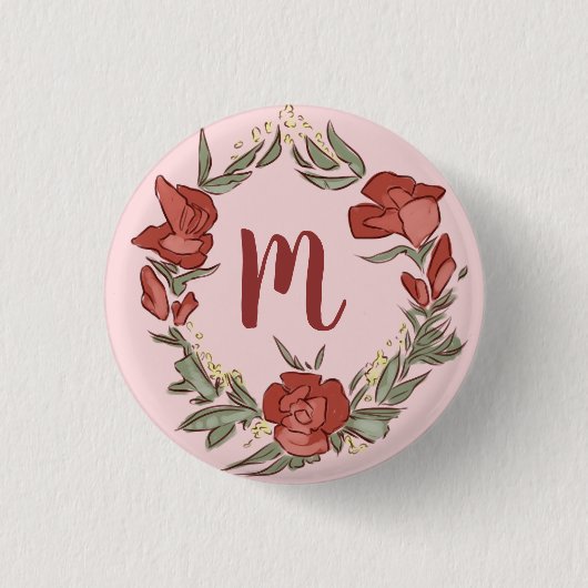  Rosebud Blossom Wreath Modern Monogram Ronde Button 3,2 Cm (Voorkant)
