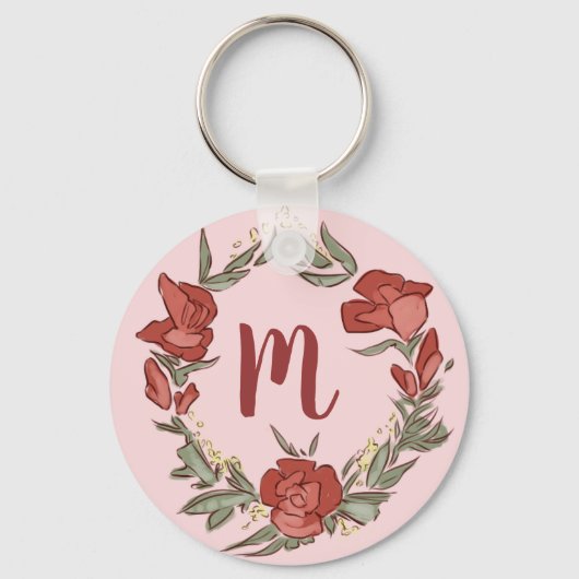  Rosebud Blossom Wreath Modern Monogram Sleutelhanger (Voorkant)