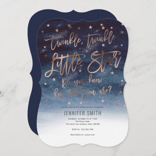 Rosegold, Twinkle Twinkle Little Stars, Baby showe Kaart (Voorkant / Achterkant)