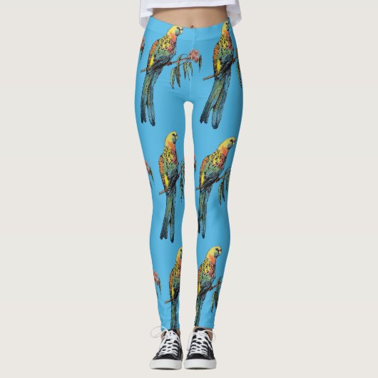 Rosella Parrot Aquarelle Bleu Leggings d'oiseaux (Devant)