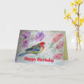 Rosella Parrot avec Brosse rouge Carte d'anniversa (Fleur jaune)