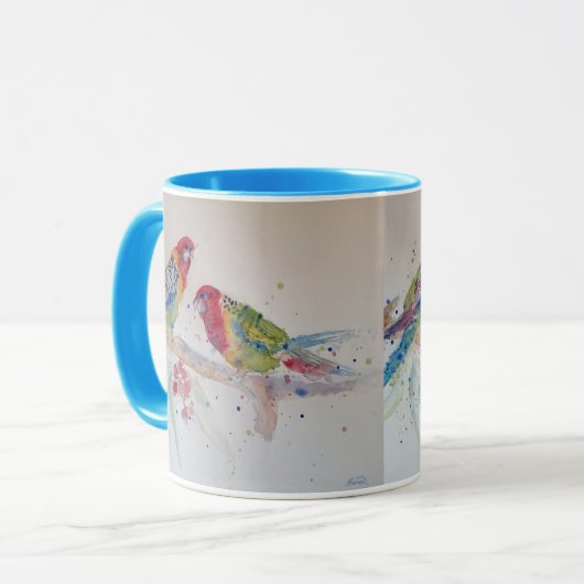 Rosella Parrot kleurige Waterverf Mok Blauw (Voorkant links)