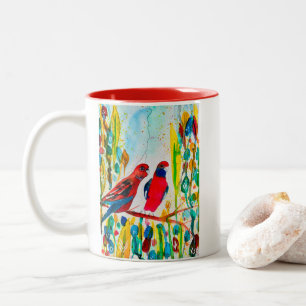 Rosella vogels in de waterverf kunst tweekleurige koffiemok