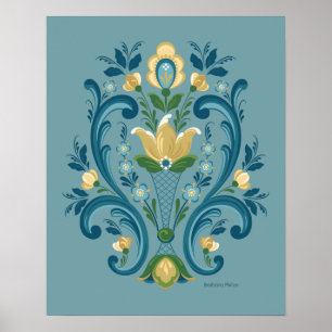 Rosemaling Blue en Gold Poster