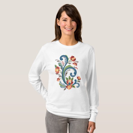 Rosemaling en T-shirt bleu et rouge (Devant entier)
