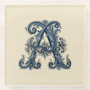 Rosemaling Monogram Pruisisch Blauw Glazen Onderzetter