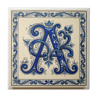  Rosemaling Monogram Prussian Blue Ceramic Tile Tegeltje