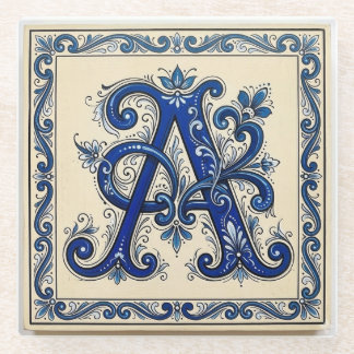  Rosemaling Monogram Prussian Blue Coaster Glazen Onderzetter