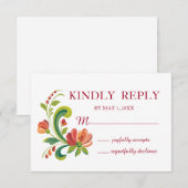 Rosemaling Red en Roze RSVP Kaartje (Voorkant / Achterkant)