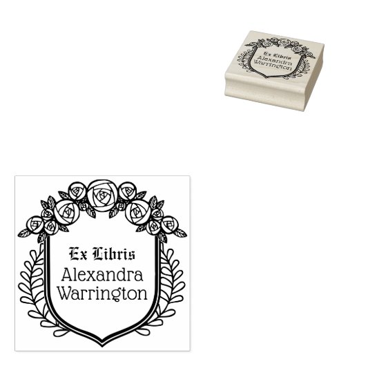 Rosen & Bladeren Crest Ex Libris Bibliotheek Boekn Rubberstempel (Gestempeld)