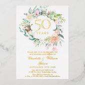 Rosen Bloemenguirlande 50ste Trouwdag Goud Folie Uitnodiging (Voorkant)