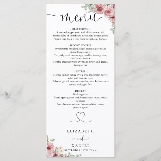 Rosen Bloemhart Script Bruiloft Diner Menu (Voorkant)