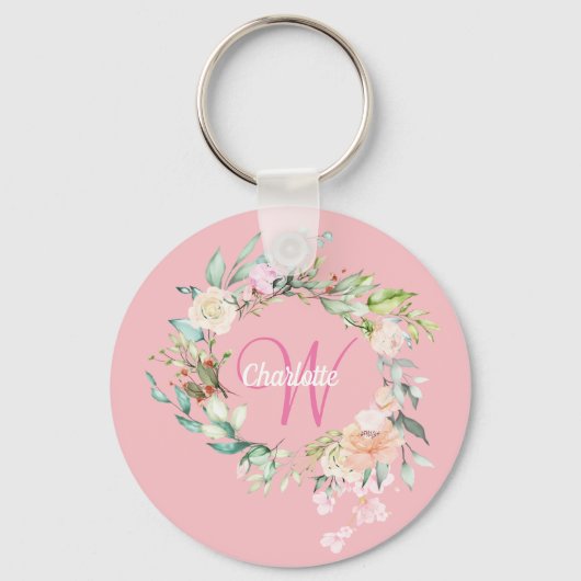 Rosen Bloemige Initiële Script Monogram Roze Sleutelhanger (Voorkant)