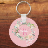 Rosen Bloemige Initiële Script Monogram Roze Sleutelhanger (Voorkant)