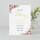 Rosen Bloemige Trouw Hartjes Script Goud Folie Uitnodiging (Staand Voorkant)