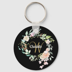 Rosen Bloemschrift Monogram Zwarte Goud Sleutelhanger
