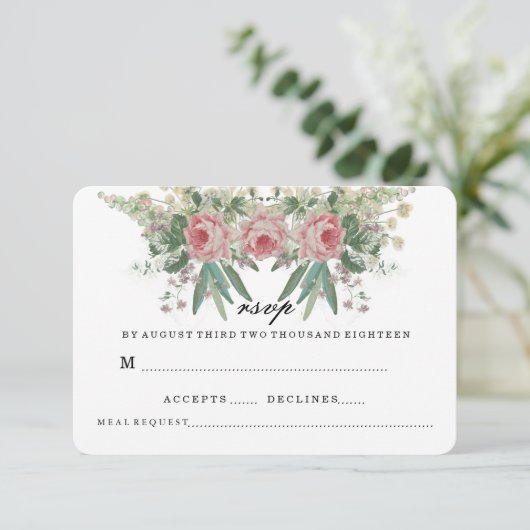 Rosen en groen bruiloft RSVP Kaart (Staand voorkant)