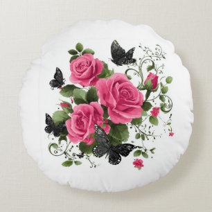 Rosen en Vlinders, Kleurig Ontwerp, Rond Kussen