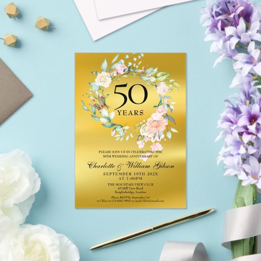 Rosen Guirlande Goud Folie 50ste Huwelijksverjaard Acryl Uitnodigingen (Insitu (Huwelijk))