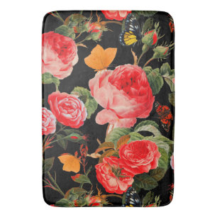 ROSEN, ROSEN EN GEEL, BUTTERFLIES, zwart, Floral Badmat