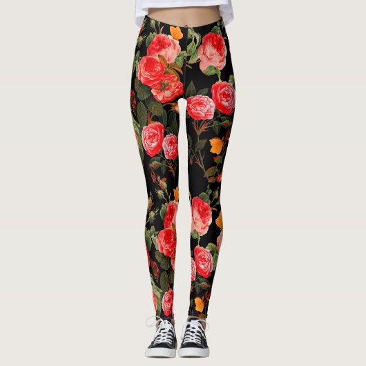 ROSEN, ROSEN EN GEEL, BUTTERFLIES, zwart, Floral Leggings (Voorkant)