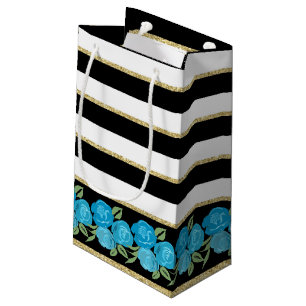 Roses Aqua sur sac cadeau noir, blanc, or