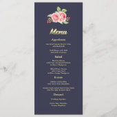Roses aquarelle | Carte menu Mariage bleu marine (Devant)