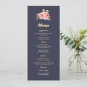 Roses aquarelle | Carte menu Mariage bleu marine (Debout devant)